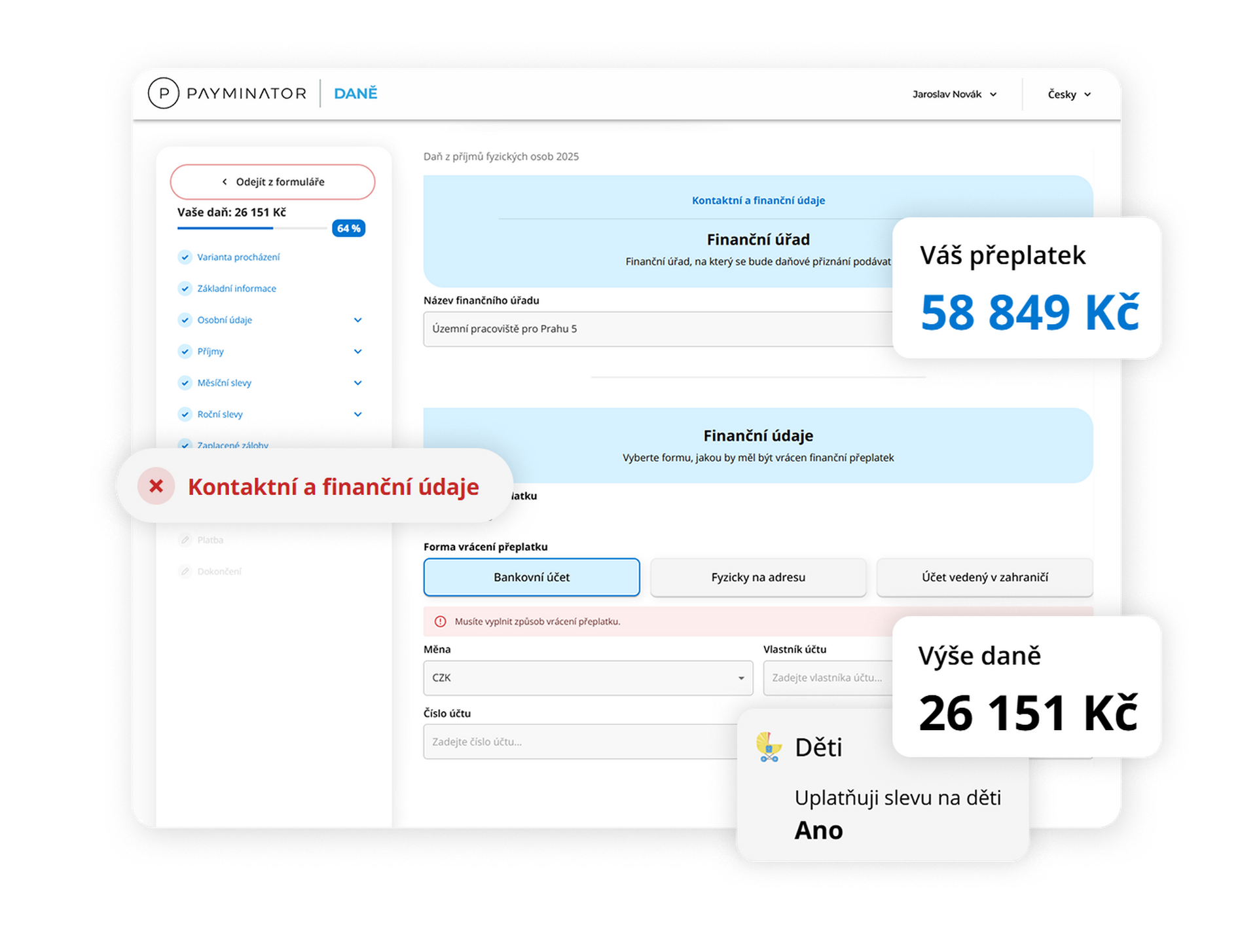 Přehled aplikace Payminator Daně